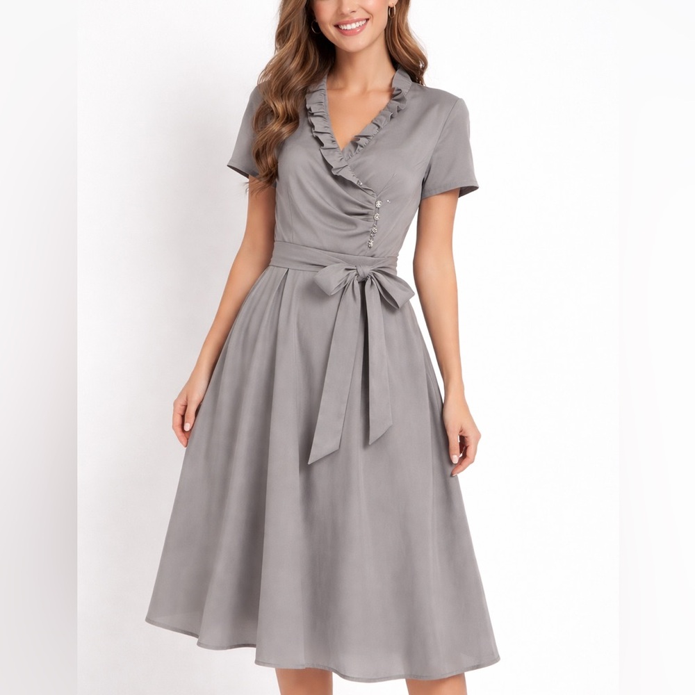 J .Taylor Tafetta Dress Ruffle Silver Rhinestones  Occasion Short Sleeve MIDI 14